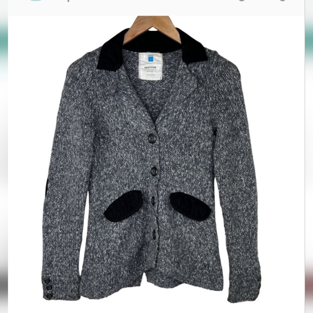 Anthropologie Sparrow Velvet Elbow Patch Wool Blend Cardigan Sweater- Size Small